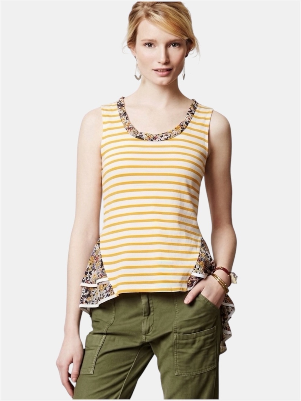 Anthropologie Postmark Striped Peplum Hi Lo Tank Flowy Top Yellow White Floral S